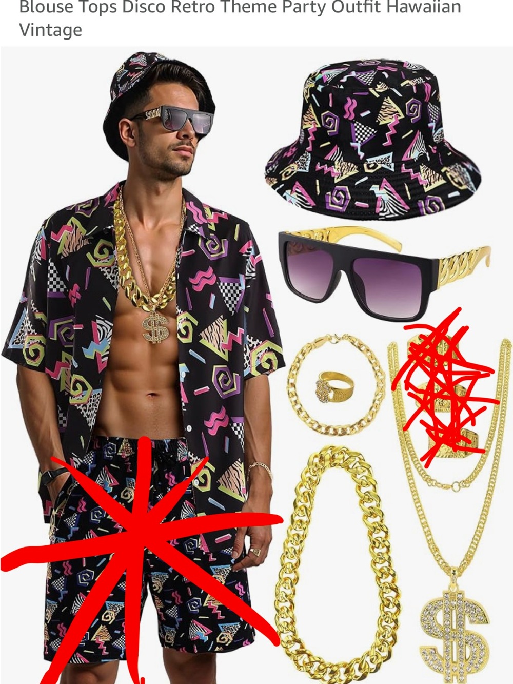 8PC 80s 90s Outfit for Men, Hip Hop Costume Button Up Top Disco Retro SZ SM
